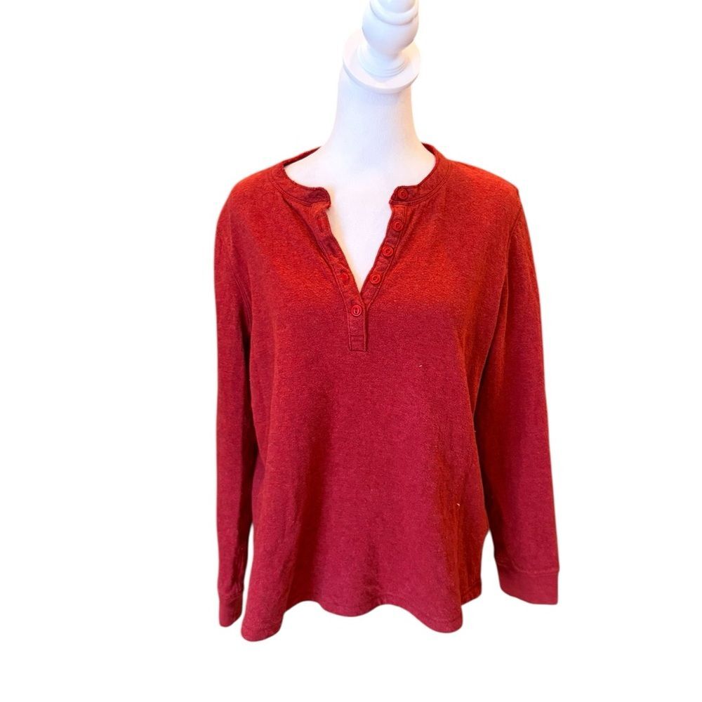 LL Bean Red Long Sleeve Henley Wool Cotton Blend Womens Large